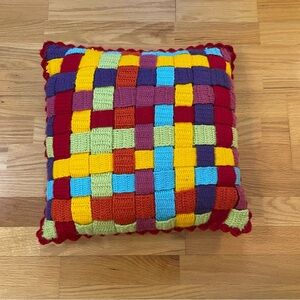 Vintage Handmade Knit Multicolor Ribbon Weave Decorative Pillow